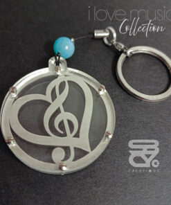 SILVER & PLEXIGLASS KEY RING - SOL CLEF & HEART CIRCLE
